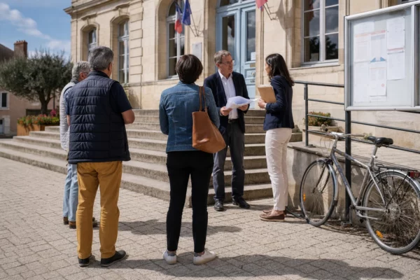 Citoyens anonymes échangeant devant une mairie française sur les enjeux d’une campagne présidentielle