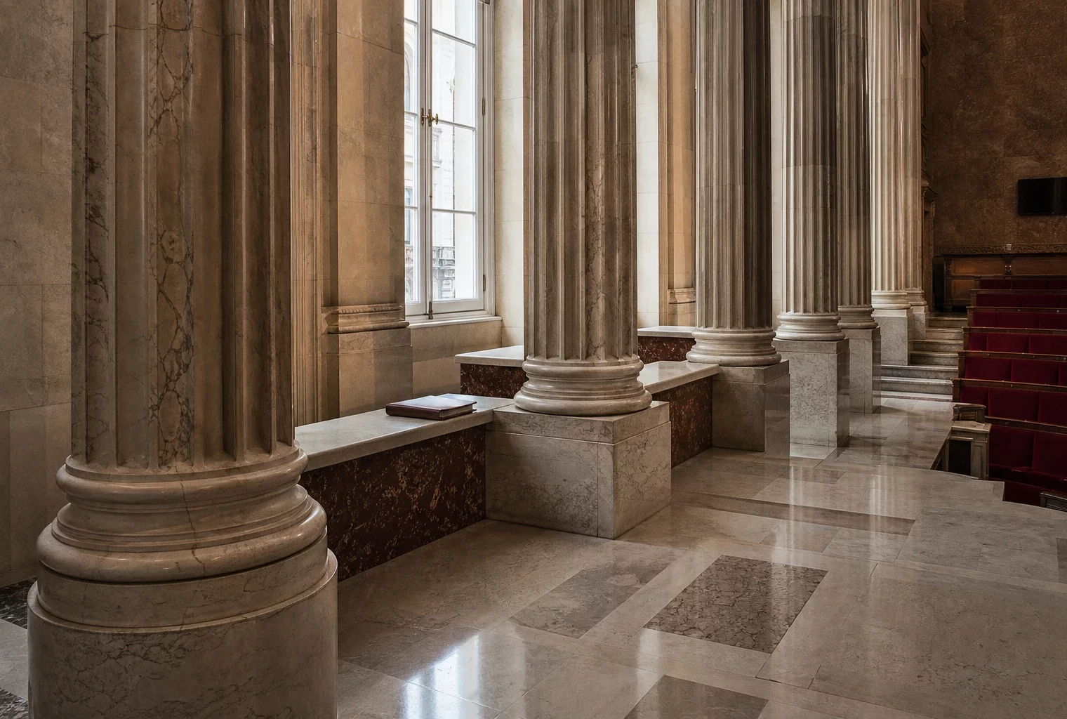 Vue oblique et lumineuse d’une salle institutionnelle parisienne, avec marbre et sièges parlementaires rouges