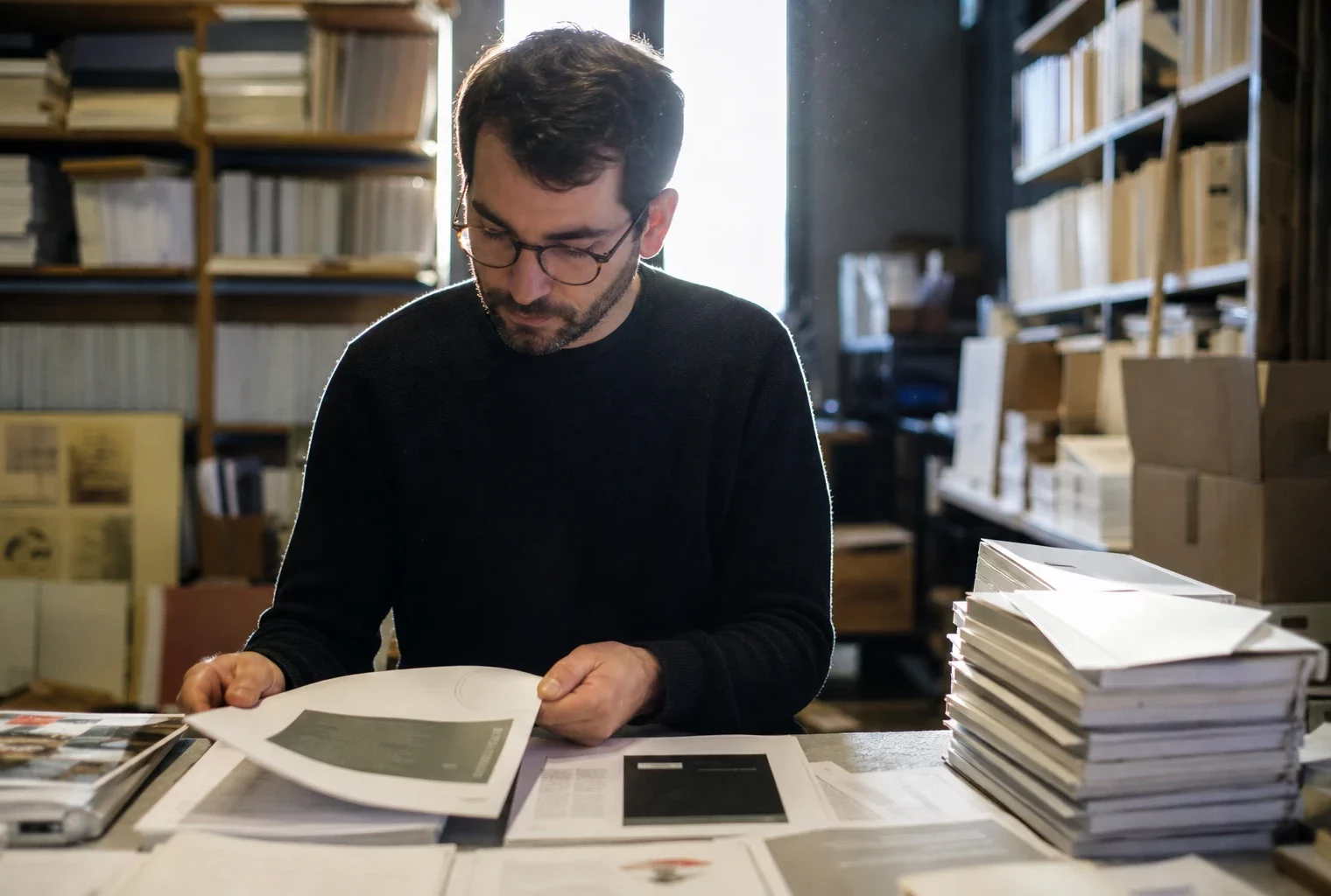 Des épreuves, des livres et des cartons dans les locaux d’une maison d’édition, évoquant la sortie d’un ouvrage chez Fayard.
