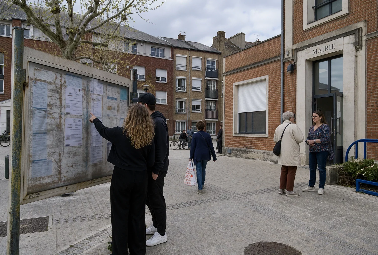 Habitants devant un service municipal du logement, dans une rue résidentielle d’une ville moyenne du Pas-de-Calais