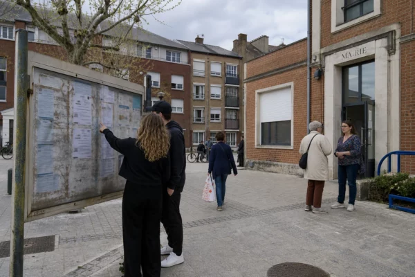 Habitants devant un service municipal du logement, dans une rue résidentielle d’une ville moyenne du Pas-de-Calais