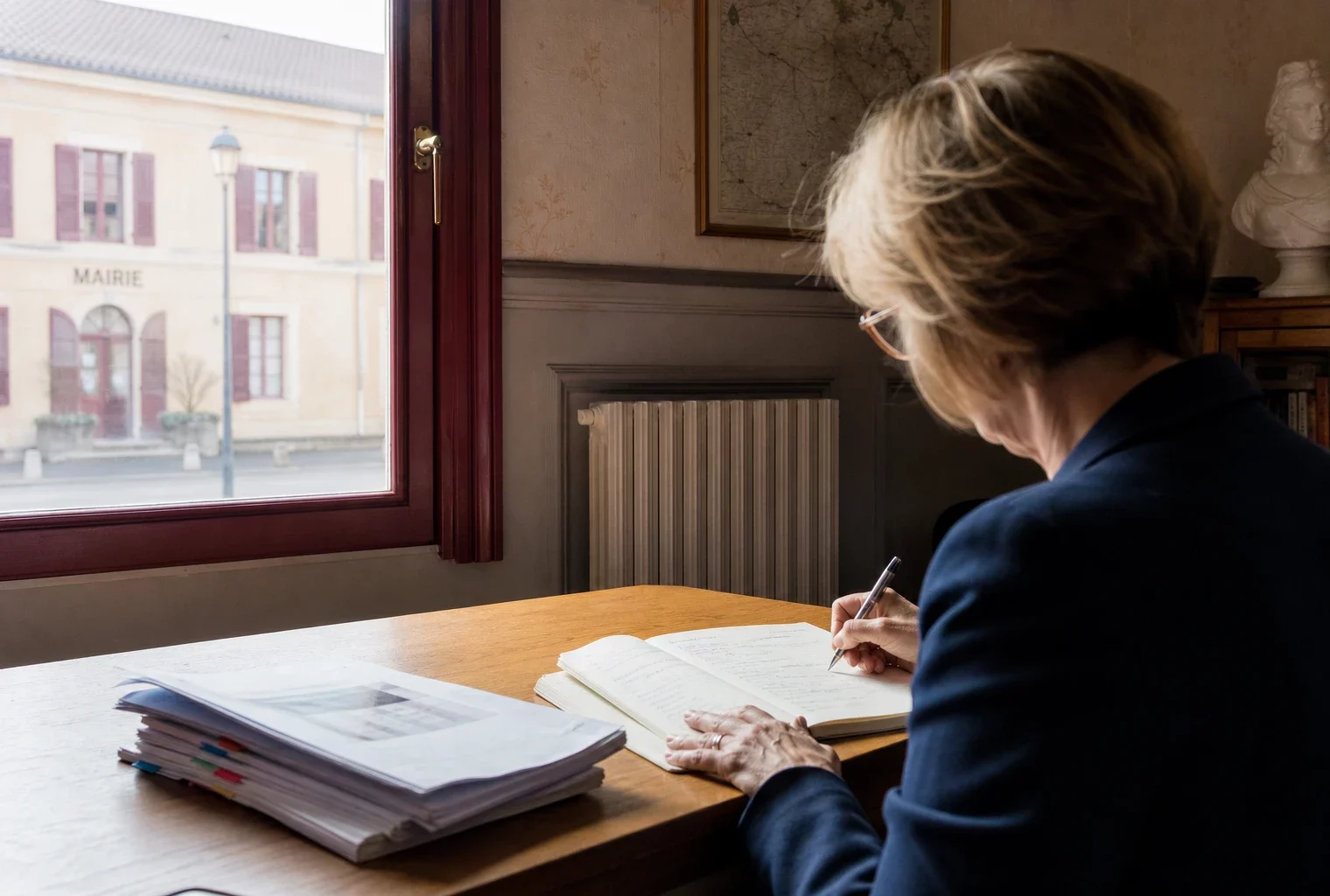 Élu local anonyme prenant des notes sur une loi de protection dans un bureau de mairie française
