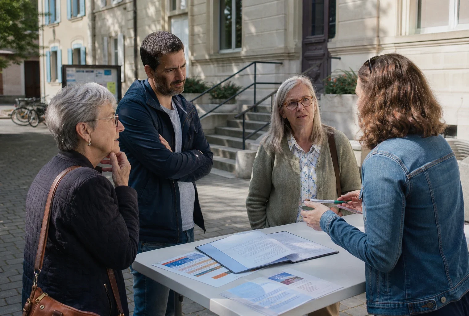 Citoyens échangeant devant une mairie française autour de l’accès aux soins et de la protection des victimes