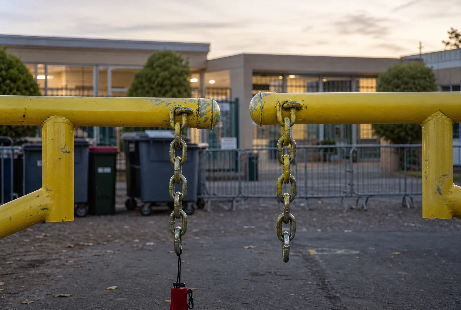 Portail de lycée francilien bloqué par des poubelles et barrières jaunes, dans une lumière du soir chaude et nette.