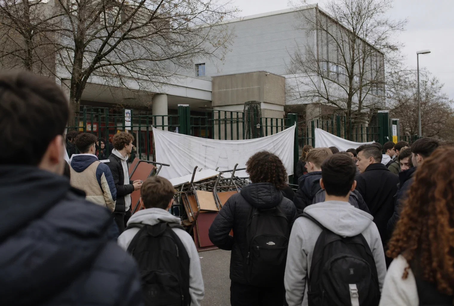 Des lycéens bloquent l’entrée de leur établissement devant des grilles fermées, en pleine mobilisation contre la rentrée.