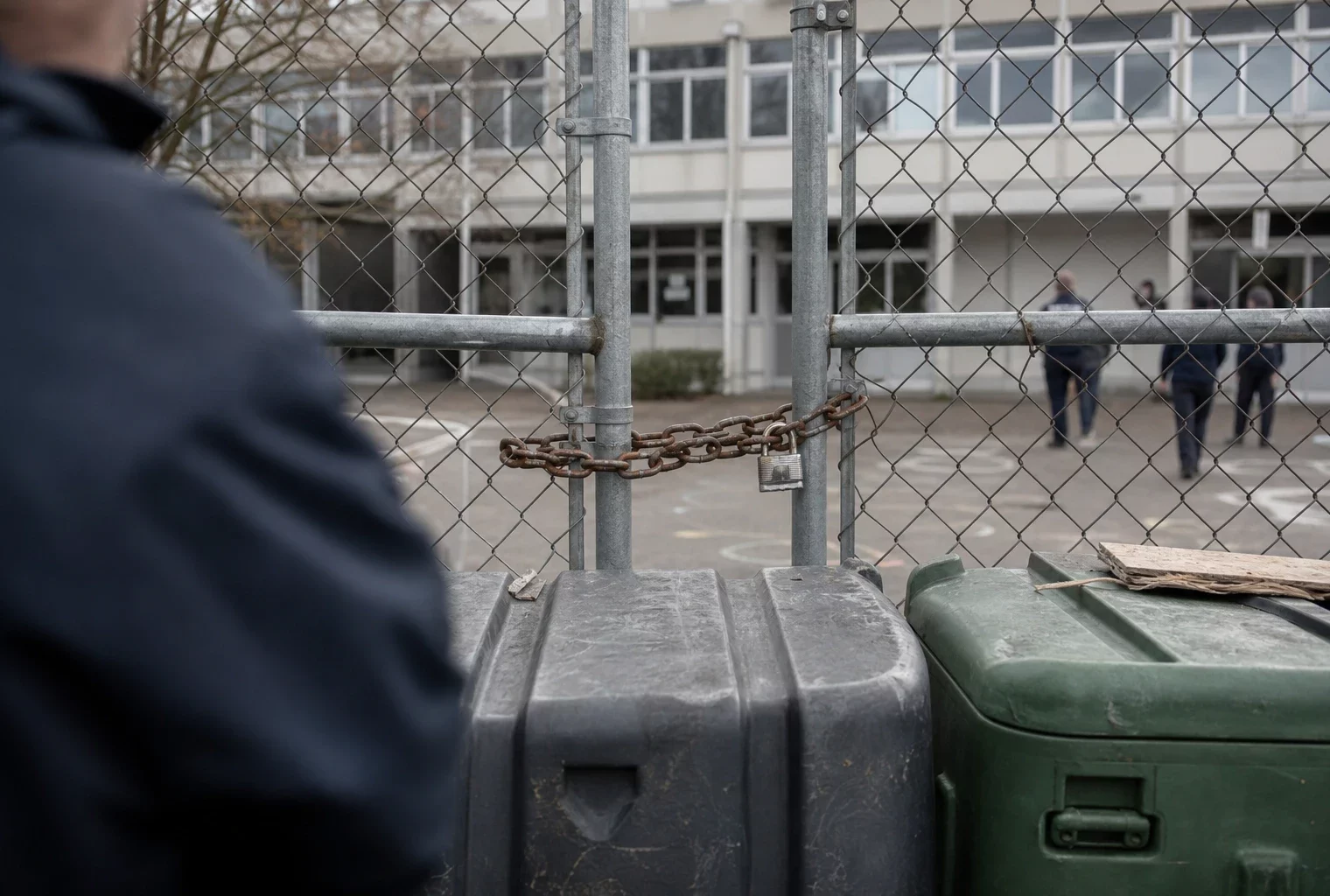 Grille de lycée fermée par une chaîne et un cadenas, avec blocage devant l’entrée et façade floue en arrière-plan.