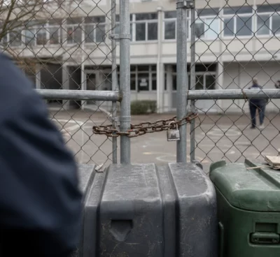 Grille de lycée fermée par une chaîne et un cadenas, avec blocage devant l’entrée et façade floue en arrière-plan.
