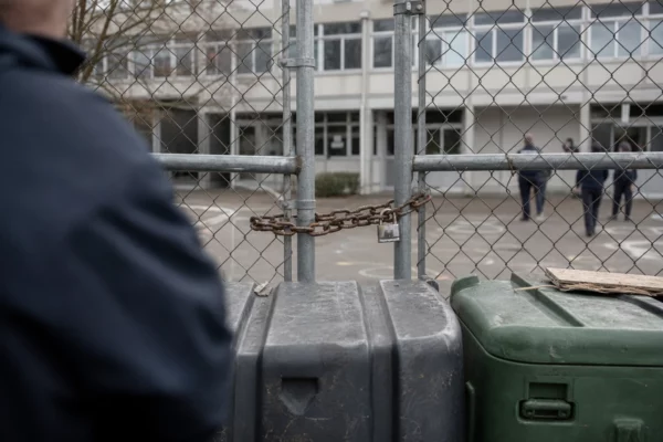 Grille de lycée fermée par une chaîne et un cadenas, avec blocage devant l’entrée et façade floue en arrière-plan.