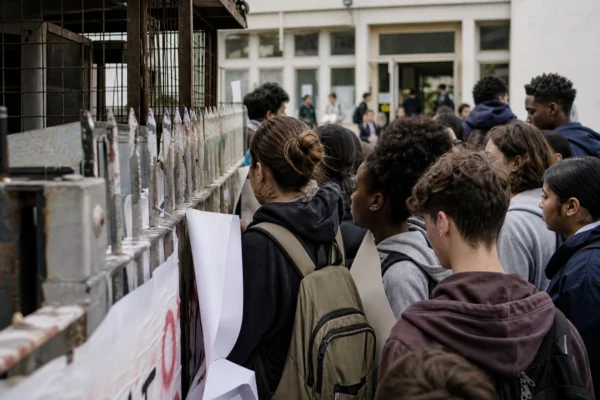 Des lycéens bloquent la grille du lycée Paul-Éluard à Saint-Denis, regroupés devant l’entrée fermée.