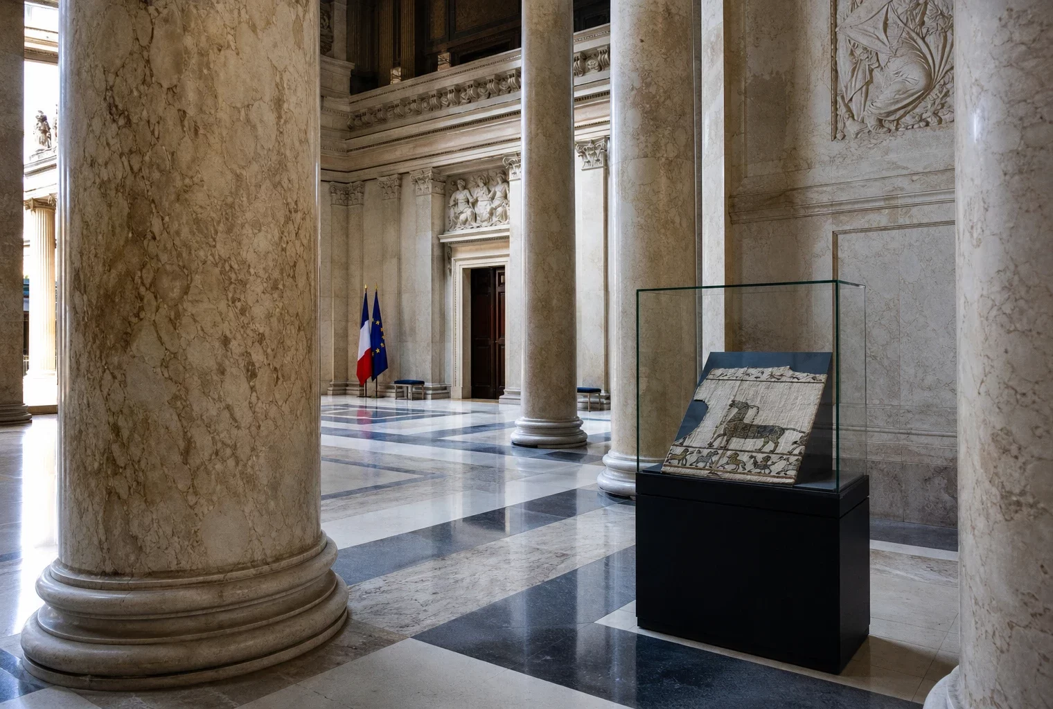Salle institutionnelle française évoquant le rapprochement diplomatique autour de la tapisserie de Bayeux