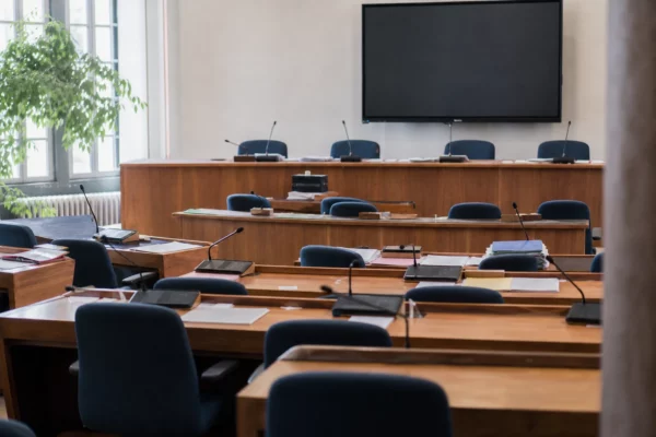 Salle du conseil municipal vide avec pupitres et micros, pour illustrer la tension autour de la mairie de Concarneau.