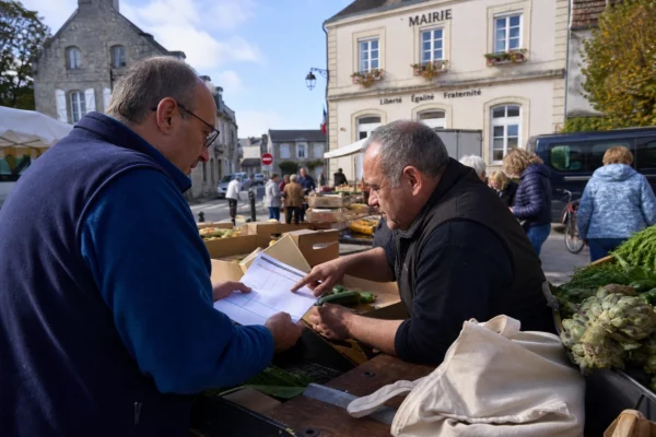 Marché français où un commerçant vérifie des documents d’origine auprès de caisses de produits non marquées