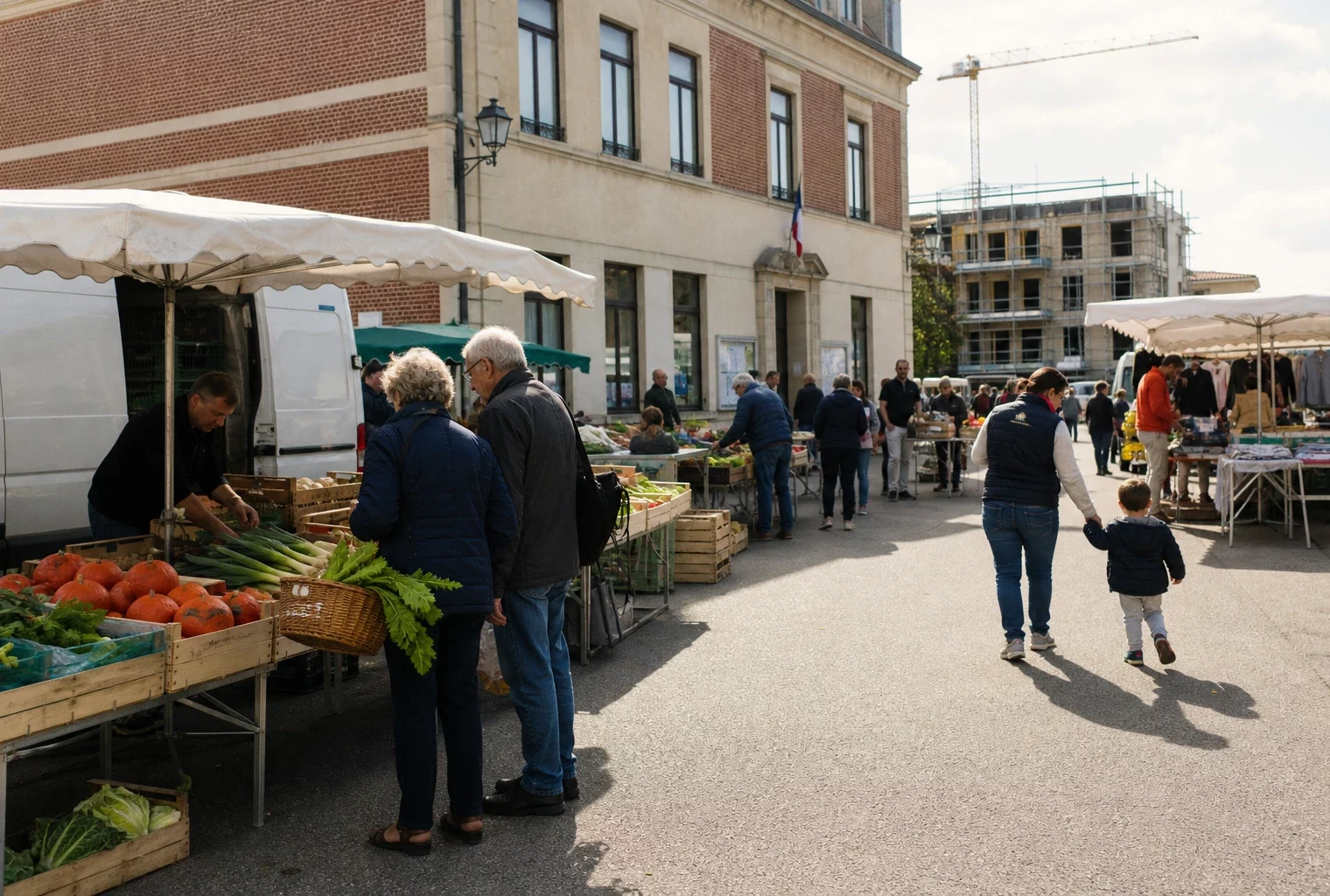 Marché d’une ville moyenne française avec habitants anonymes près d’un bâtiment municipal et d’un chantier de logements