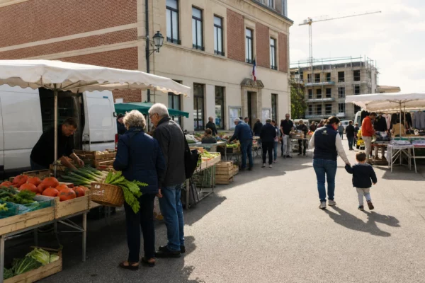 Marché d’une ville moyenne française avec habitants anonymes près d’un bâtiment municipal et d’un chantier de logements
