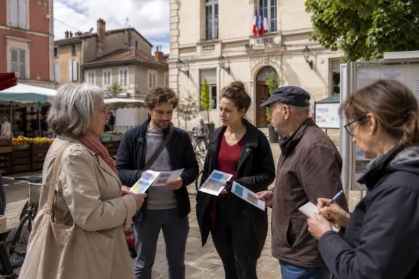 Habitants anonymes échangent sur une place de ville française près d’une mairie et d’un marché local