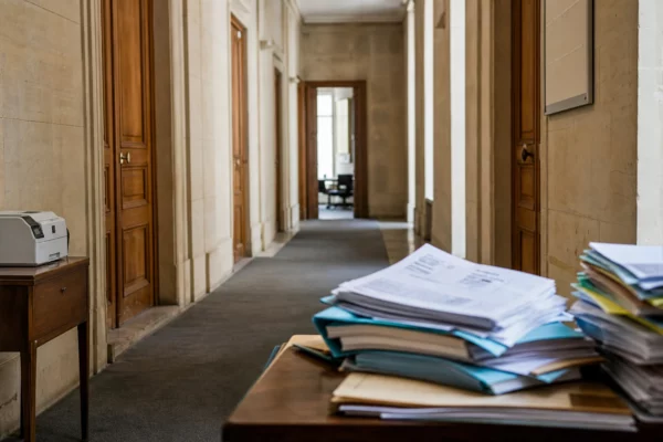 Couloir administratif de Matignon avec portes closes et dossiers sur une table.