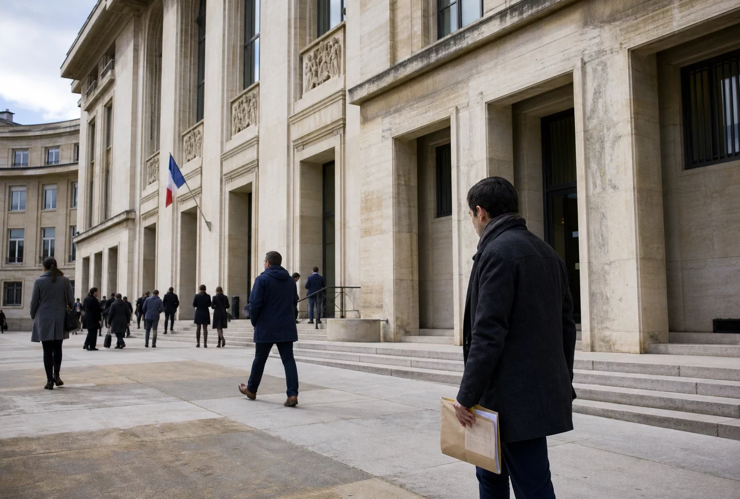 Scène de reportage devant un bâtiment public français, évoquant la mémoire institutionnelle après la disparition d’Édouard Balladur