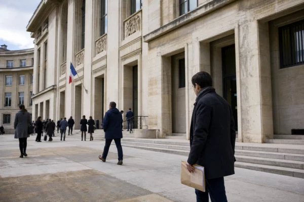 Scène de reportage devant un bâtiment public français, évoquant la mémoire institutionnelle après la disparition d’Édouard Balladur