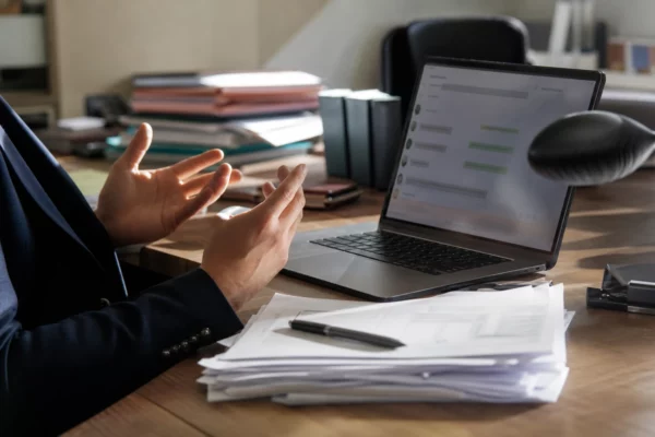 Écran d’ordinateur affichant une conversation de messages, avec des documents de plainte posés à côté.