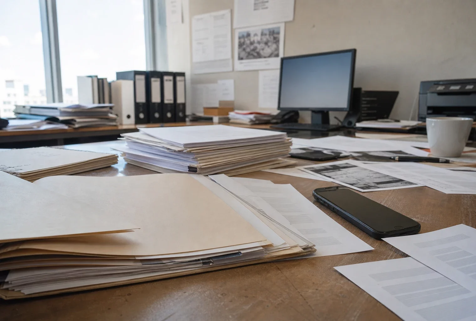 Bureau de travail encombré de feuilles et dossiers, avec téléphone et ordinateur éteint sous une lumière de jour froide.