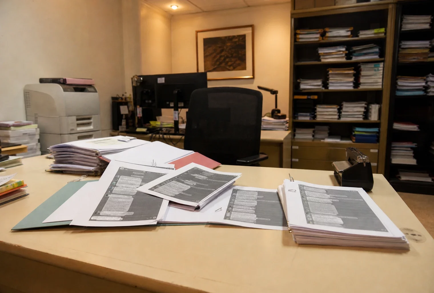 Dossier de messages imprimés et papiers d’enquête sur un bureau d’avocat, pour illustrer la contestation des accusations.