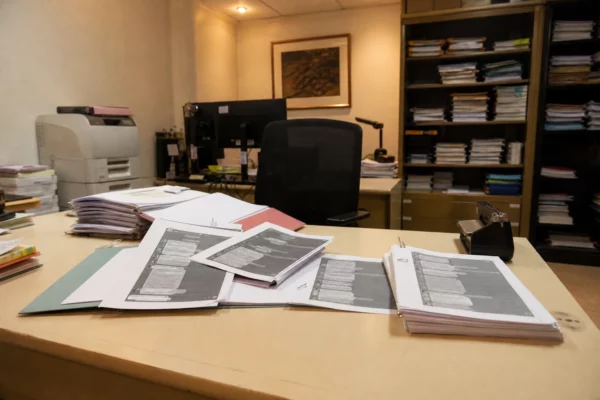 Dossier de messages imprimés et papiers d’enquête sur un bureau d’avocat, pour illustrer la contestation des accusations.