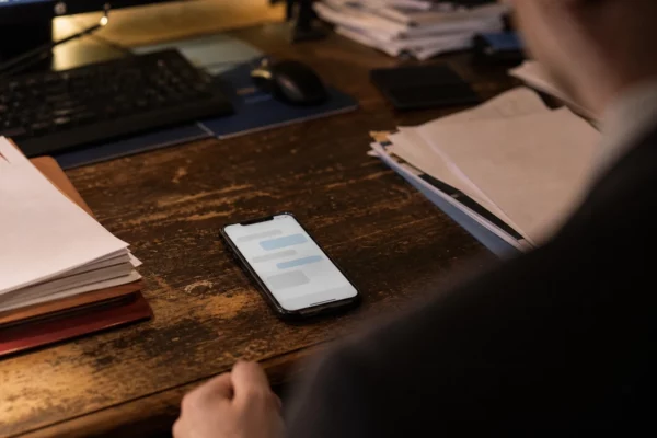 Téléphone posé sur une table de permanence politique, écran de messages floutés, papier et ordinateur hors focus en arrière-plan.