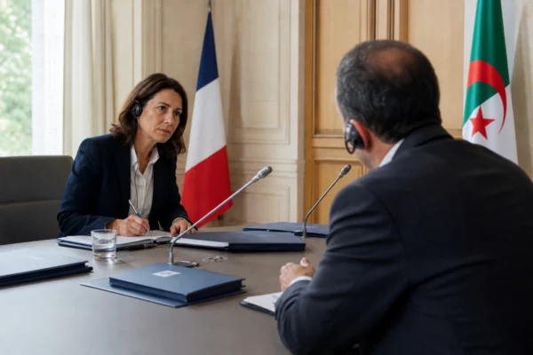 Table de négociation franco-algérienne avec dossiers fermés, micros et silhouettes anonymes dans une salle diplomatique