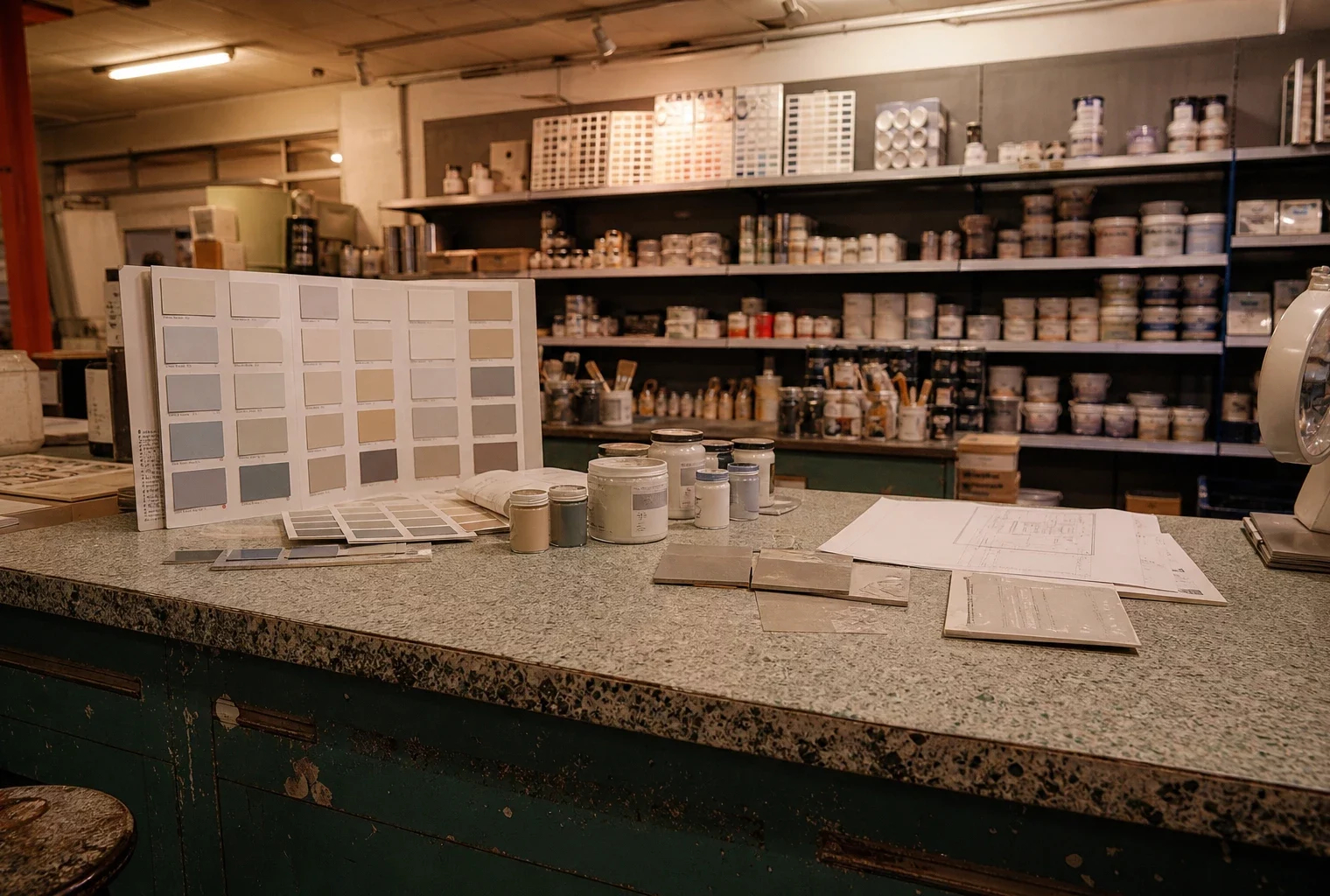 Nuanciers ouverts et pots d’échantillons sur un comptoir de magasin de peinture, rayonnages en fond, lumière chaude.