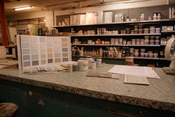 Nuanciers ouverts et pots d’échantillons sur un comptoir de magasin de peinture, rayonnages en fond, lumière chaude.