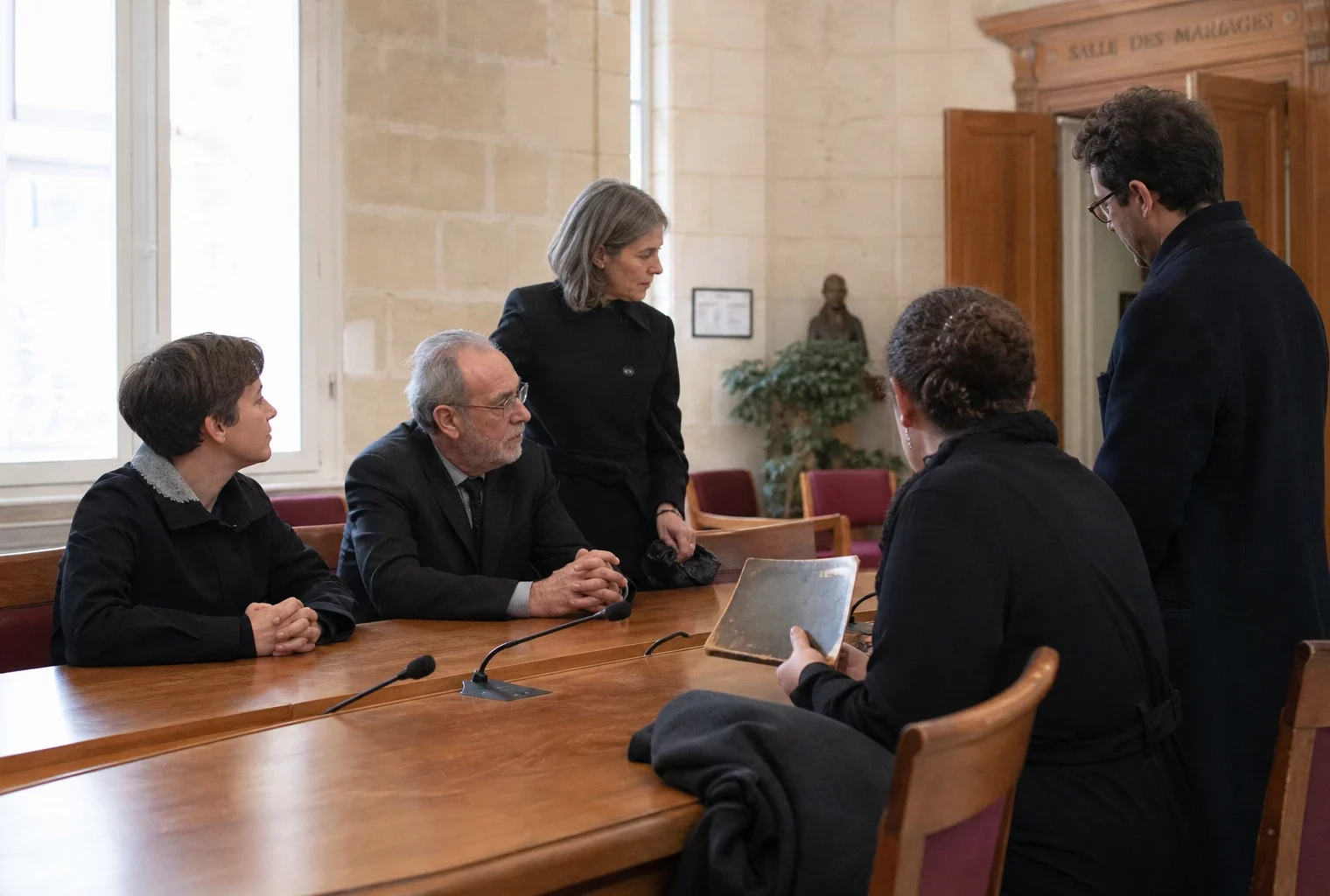 Réunion sobre dans une salle civique française après des obsèques privées, avec proches anonymisés et microphones de presse