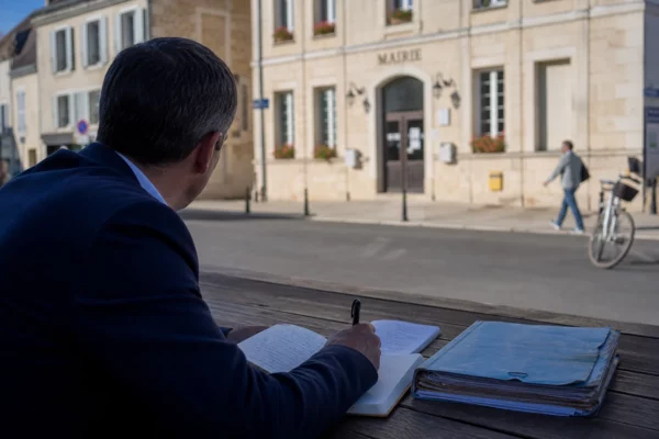 Élu local anonyme prenant des notes devant une mairie française, dans une scène de débat civique à la lumière douce