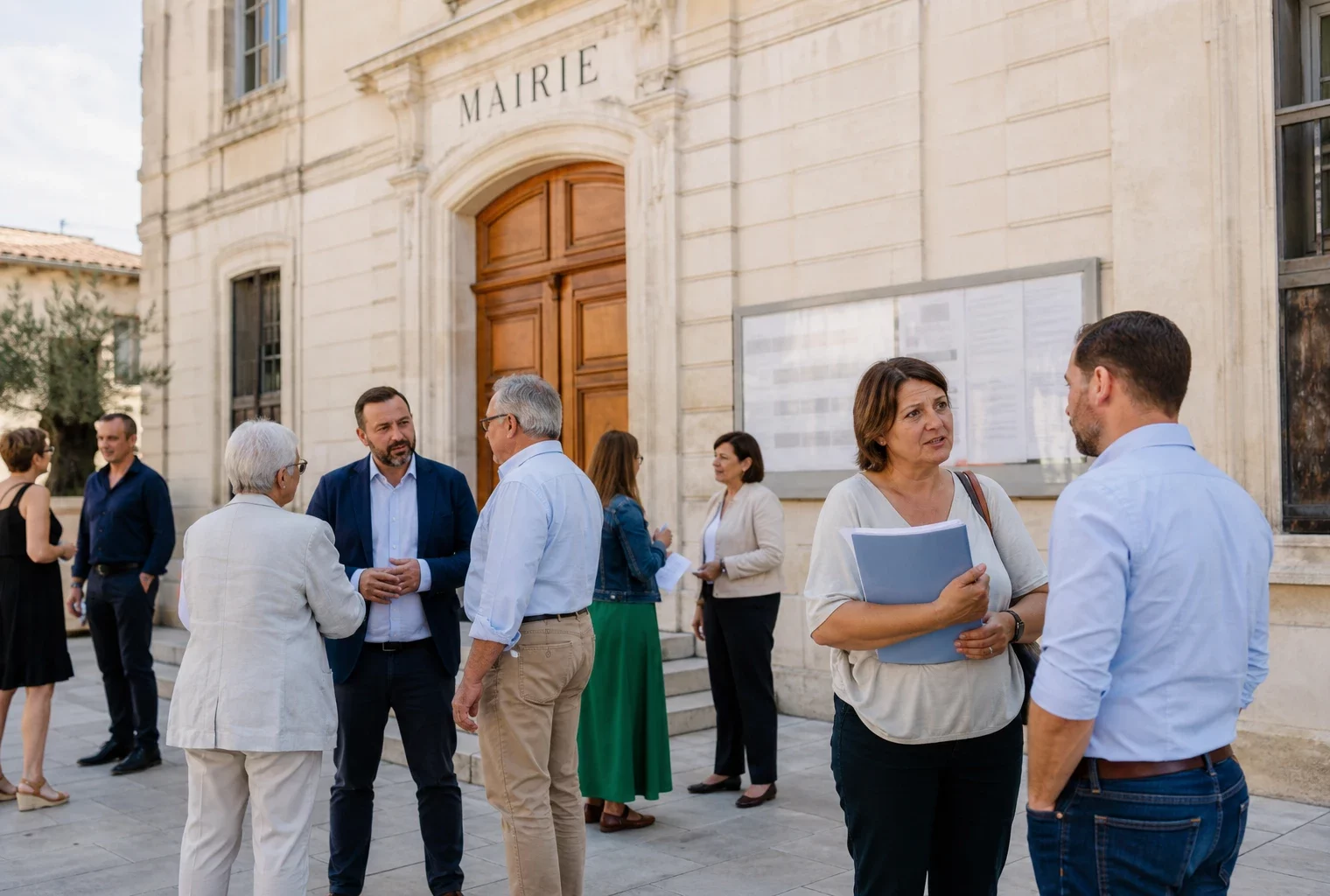 Citoyens et élus anonymes échangent devant une mairie d’Avignon dans une scène de vie politique locale