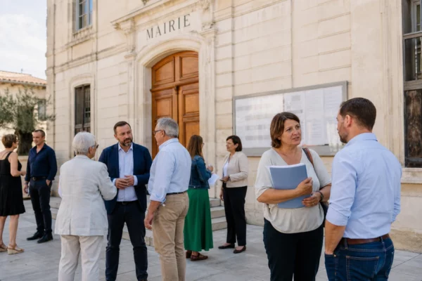 Citoyens et élus anonymes échangent devant une mairie d’Avignon dans une scène de vie politique locale
