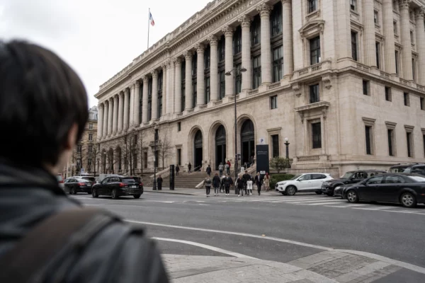 Façade du Palais de justice de Paris, marches et signalétique judiciaire, passants et circulation urbaine sous ciel couvert.