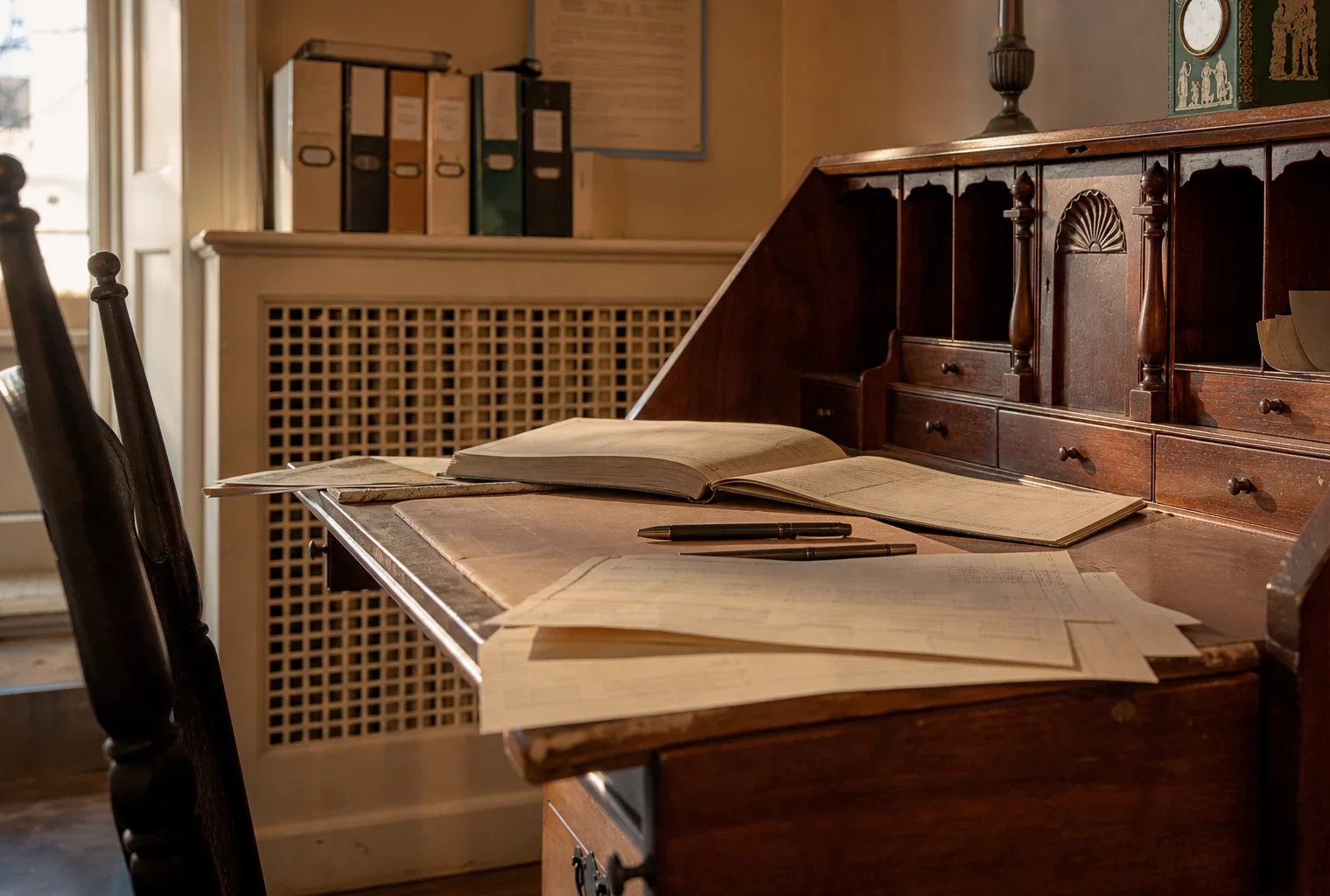 Bureau électoral d’une mairie, avec formulaires de parrainage, registre ouvert, stylos et rangements en bois usés.