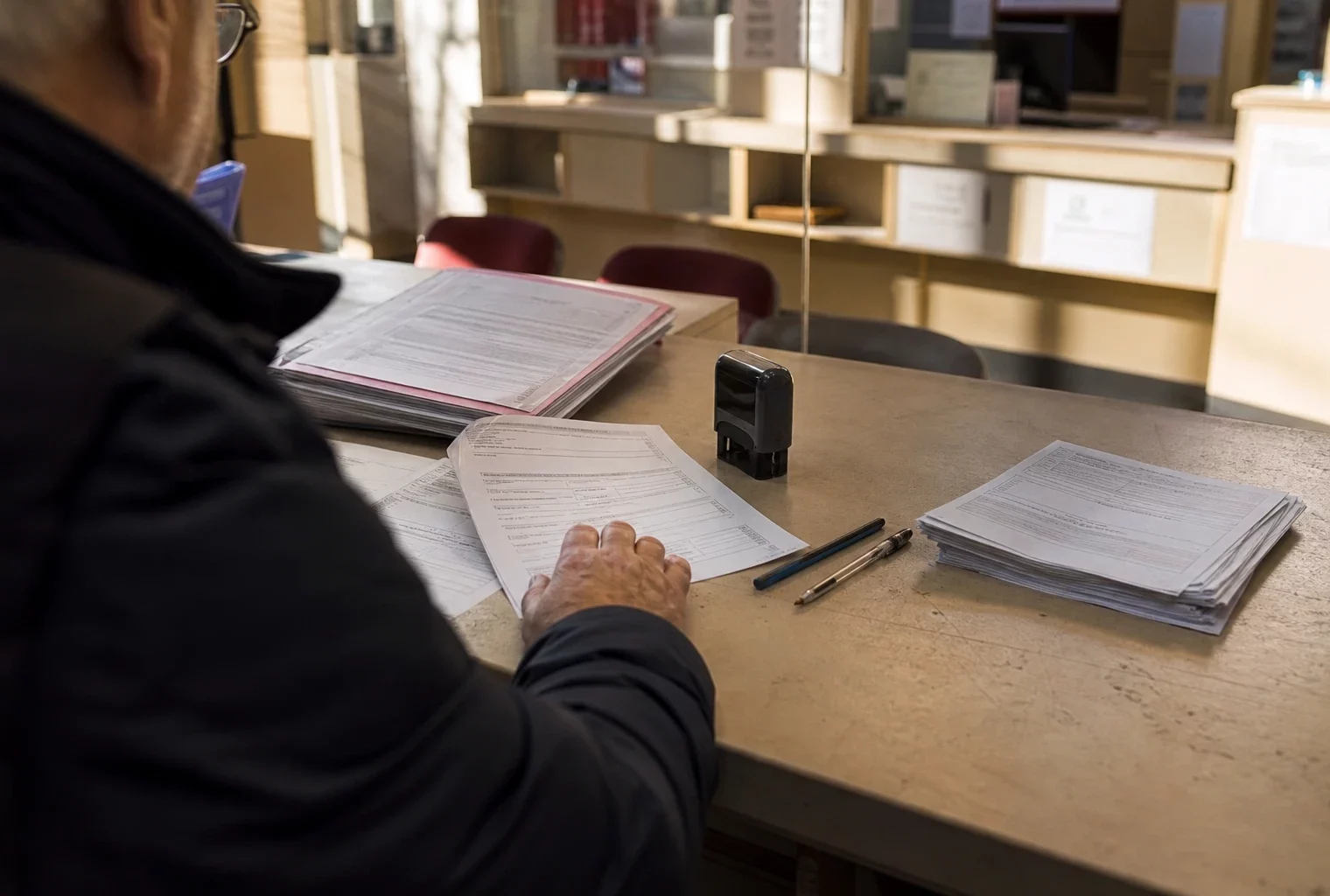 Des formulaires de parrainage et des dossiers sur un comptoir administratif, dans un bureau public.
