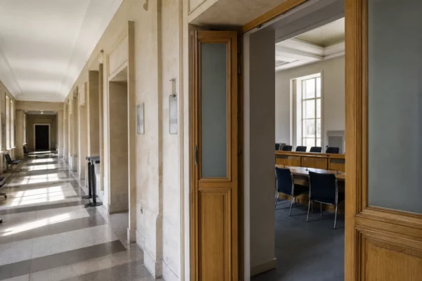 Couloir lumineux d’une institution publique française, ouvrant sur une salle d’audition sobre et anonyme