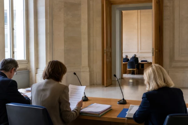 Salle institutionnelle française où des élus anonymes examinent des dossiers liés aux parrainages présidentiels
