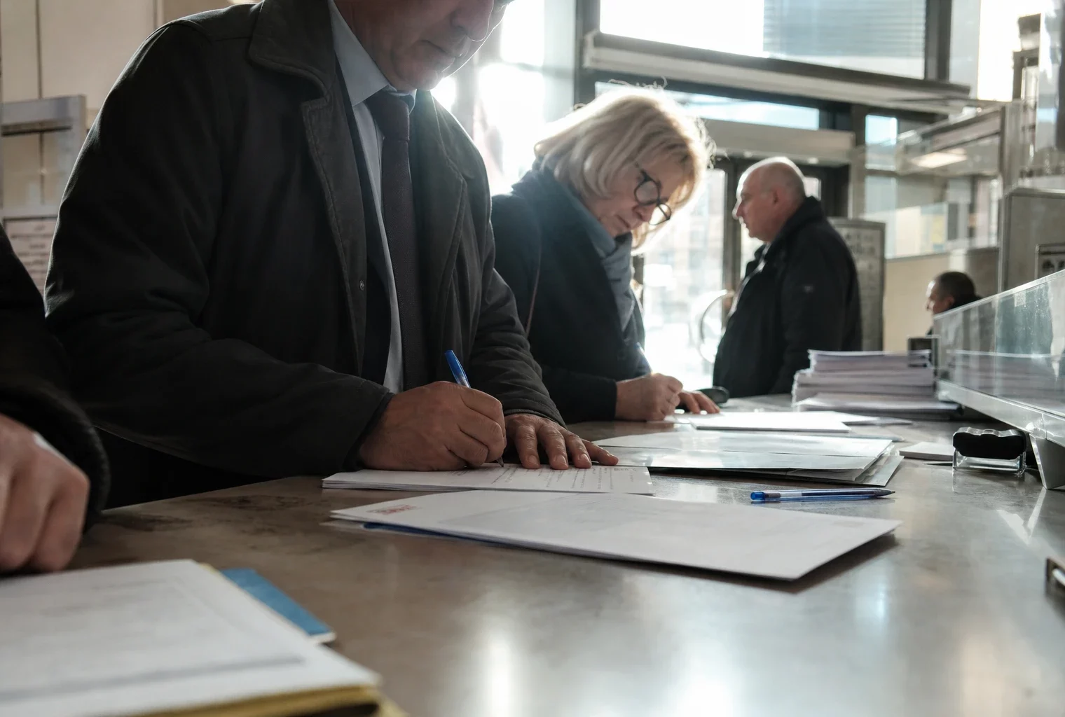 Des formulaires de parrainage et des stylos sur un comptoir de mairie, avec des mains en train de signer.