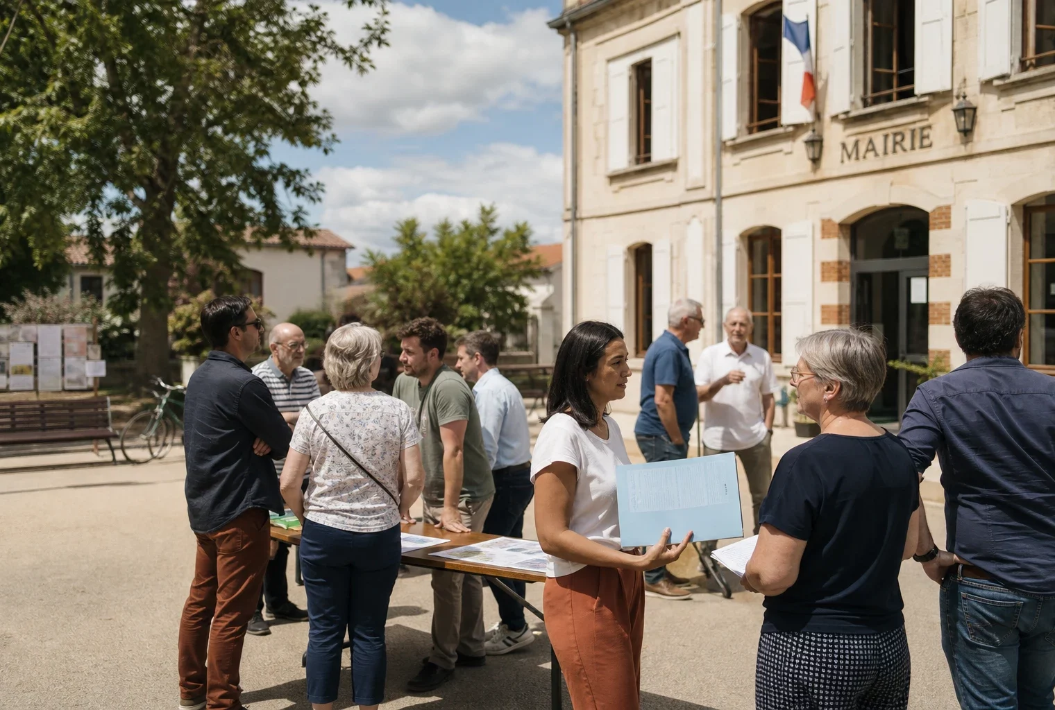 Citoyens anonymes échangeant devant une mairie française autour de documents administratifs