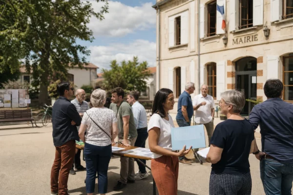 Citoyens anonymes échangeant devant une mairie française autour de documents administratifs