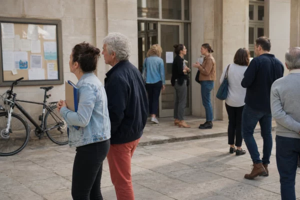 Citoyens anonymes échangeant devant une mairie française au sujet de la protection et des services publics