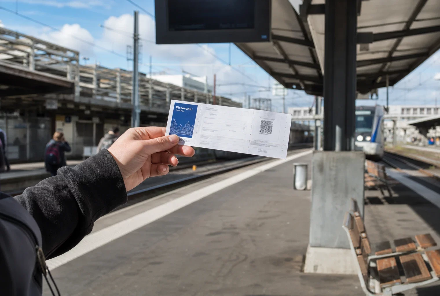 Un jeune tient un titre de transport dans une gare, pour illustrer le pass DiscoverEU et les voyages en train