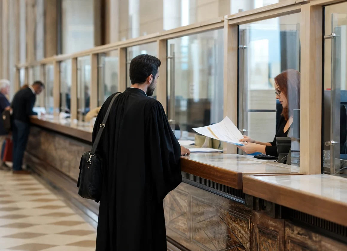 Au greffe d’un tribunal, un dossier de plainte en diffamation est déposé au comptoir administratif.