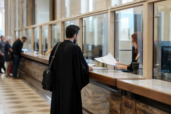 Au greffe d’un tribunal, un dossier de plainte en diffamation est déposé au comptoir administratif.
