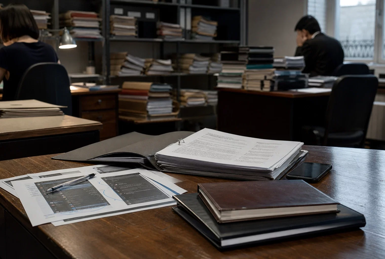 Cabinet d’avocat avec dossier de plainte ouvert, feuilles anonymes et téléphone sur un bureau en bois, ambiance grise et pluvieuse.