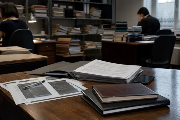 Cabinet d’avocat avec dossier de plainte ouvert, feuilles anonymes et téléphone sur un bureau en bois, ambiance grise et pluvieuse.