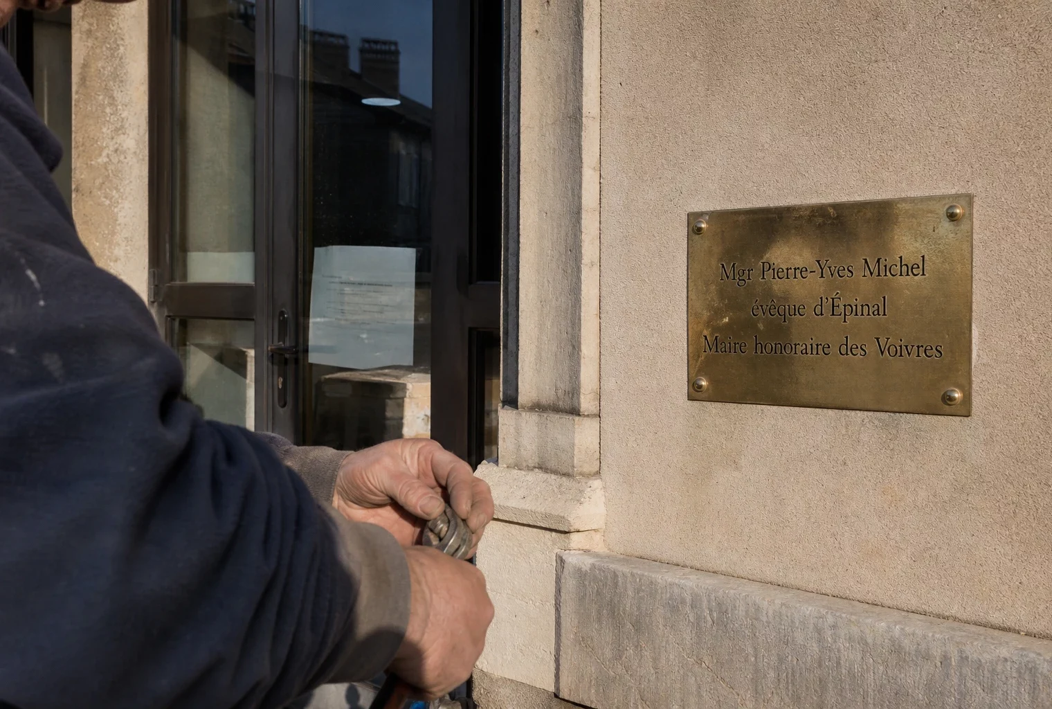 Plaque sur la mairie des Voivres, dans les Vosges, évoquant le retour de Michel Fournier aux maires ruraux.