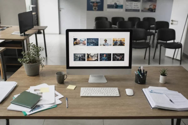 Un écran d’ordinateur affiche une plateforme de formations dans un bureau d’organisme de formation.